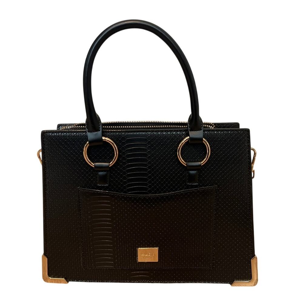 ALDO Nydiviel Zip Closure Tote Faux Black Snakeskin Snakehead Gold Accent